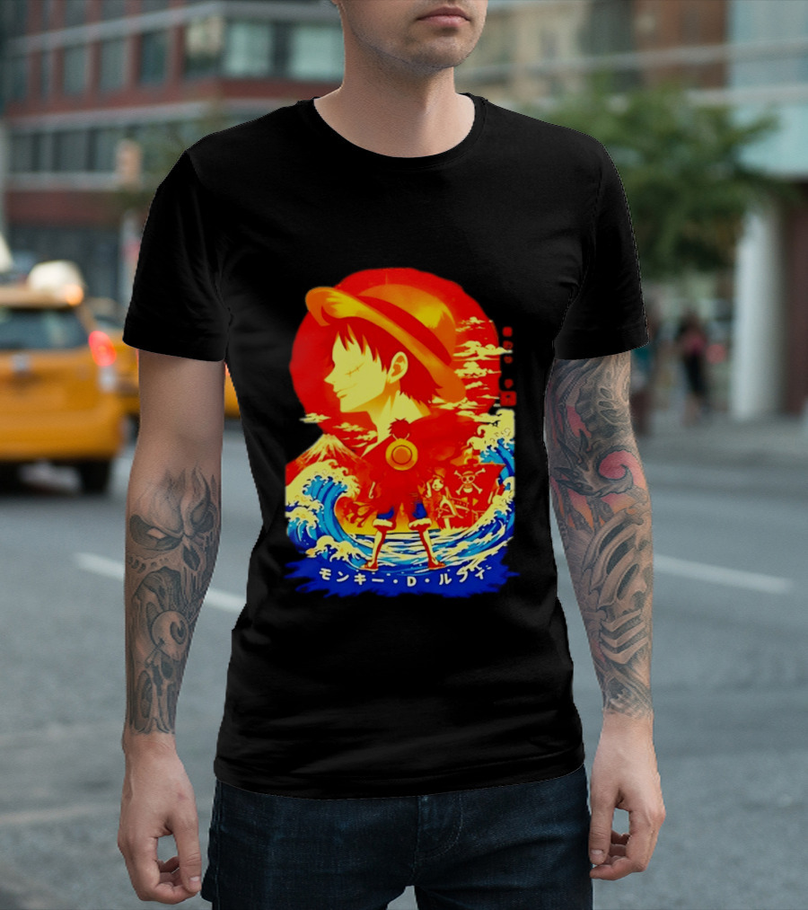 Monkey D. Luffy Straw Hat Waves Japanese Text One Piece Anime T-Shirt