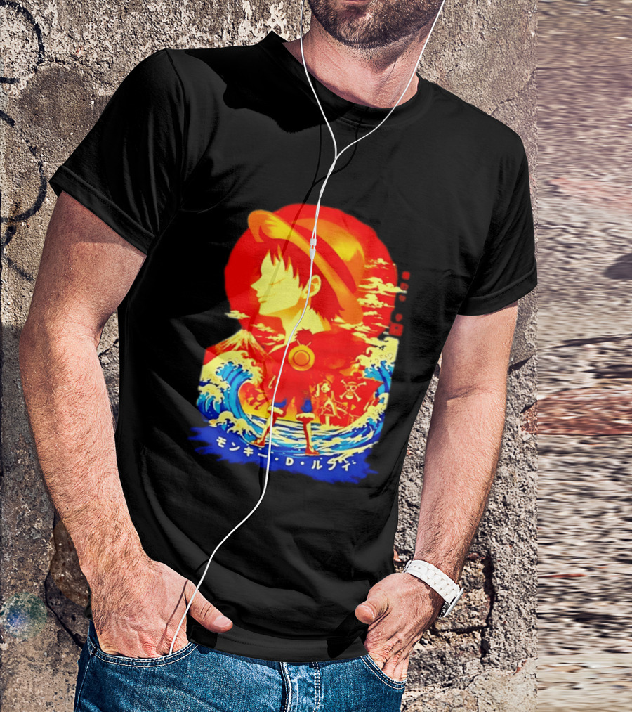 Monkey D. Luffy Straw Hat Waves Japanese Text One Piece Anime T-Shirt