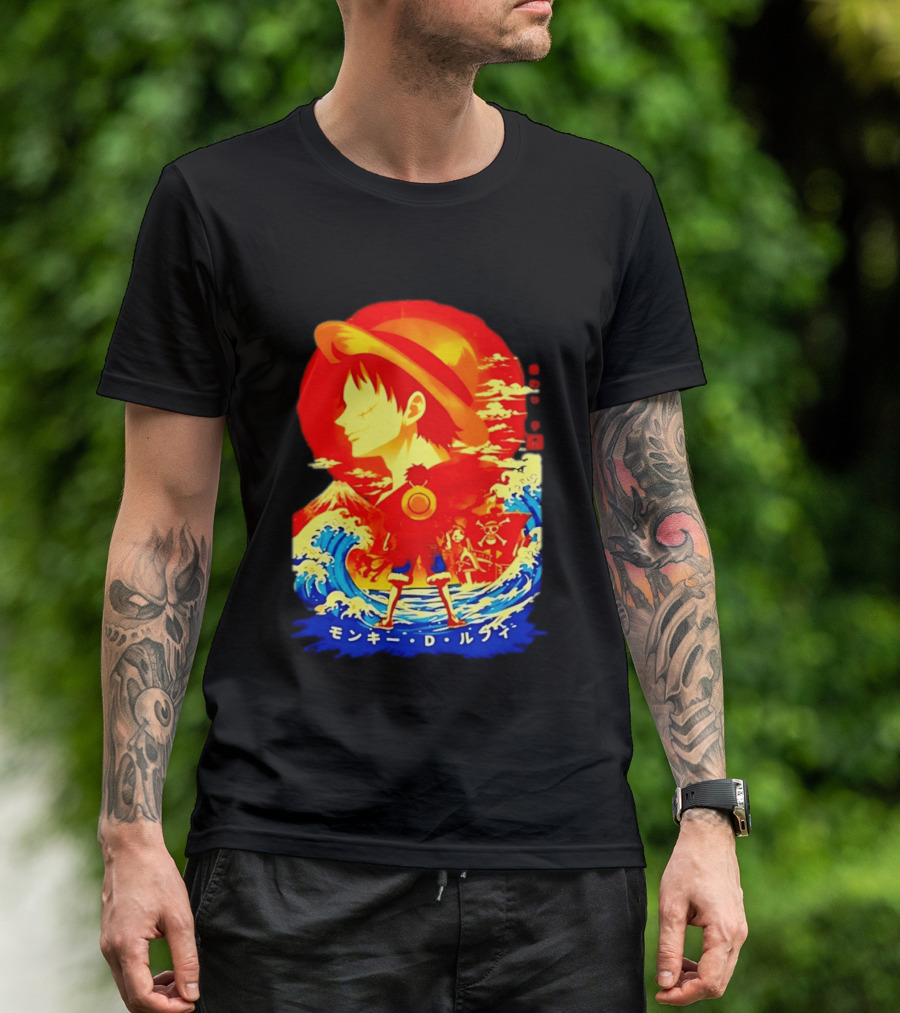 Monkey D. Luffy Straw Hat Waves Japanese Text One Piece Anime T-Shirt