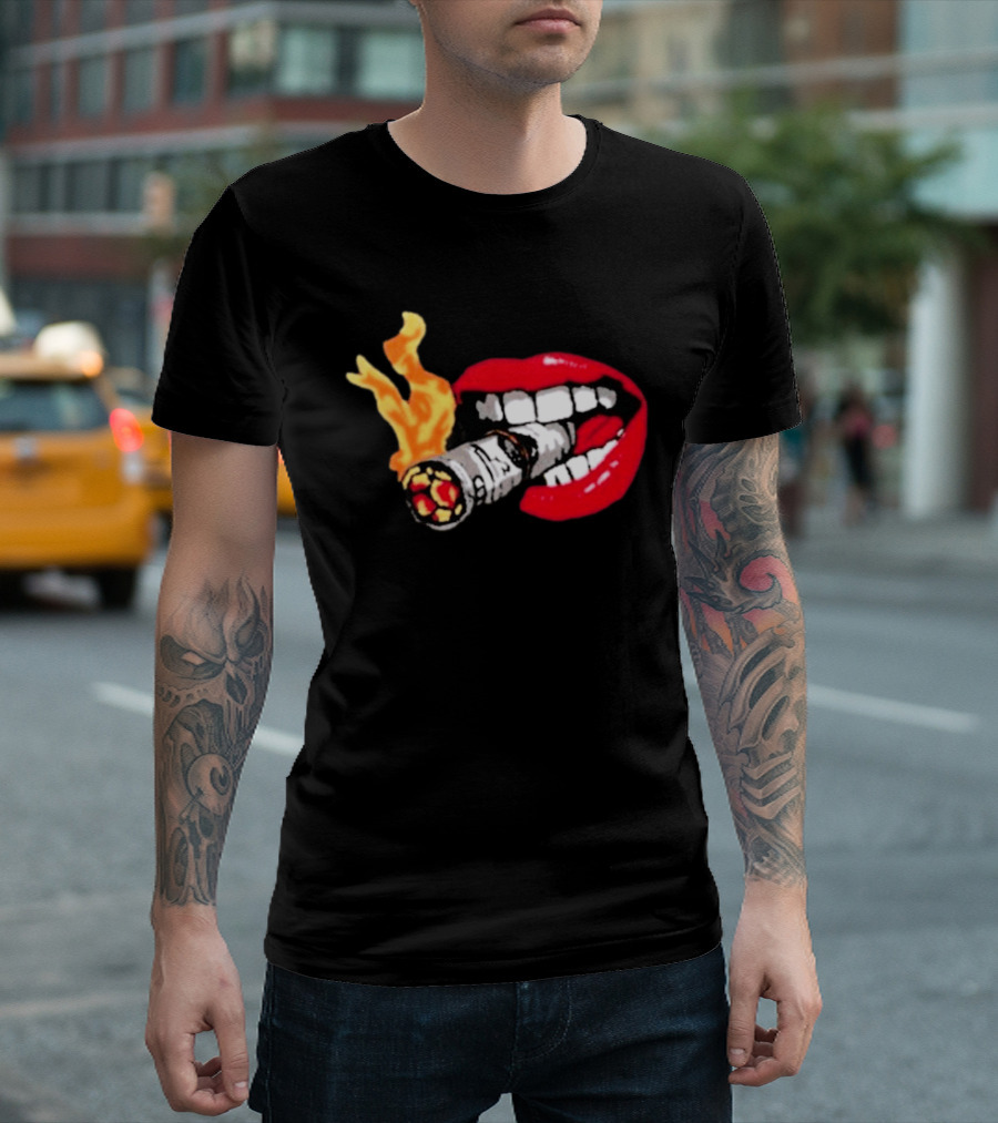 Flaming Smoking Money Lips Chenille T-Shirt