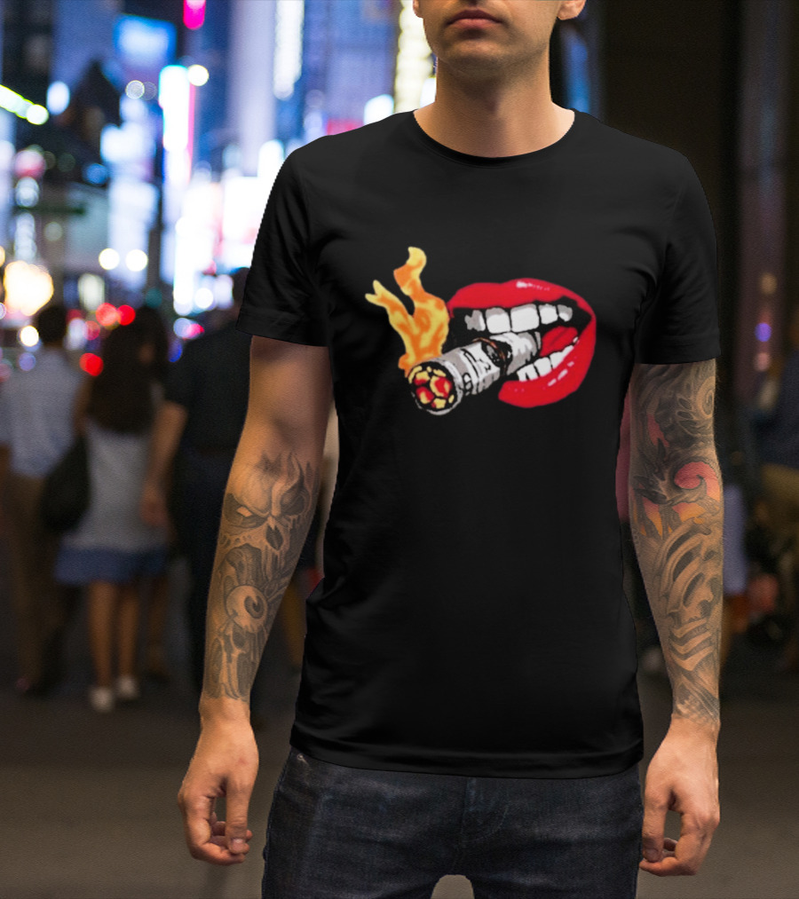 Flaming Smoking Money Lips Chenille T-Shirt