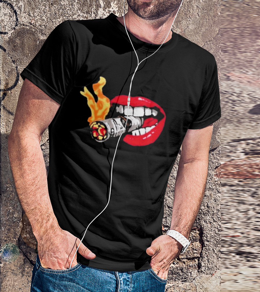 Flaming Smoking Money Lips Chenille T-Shirt