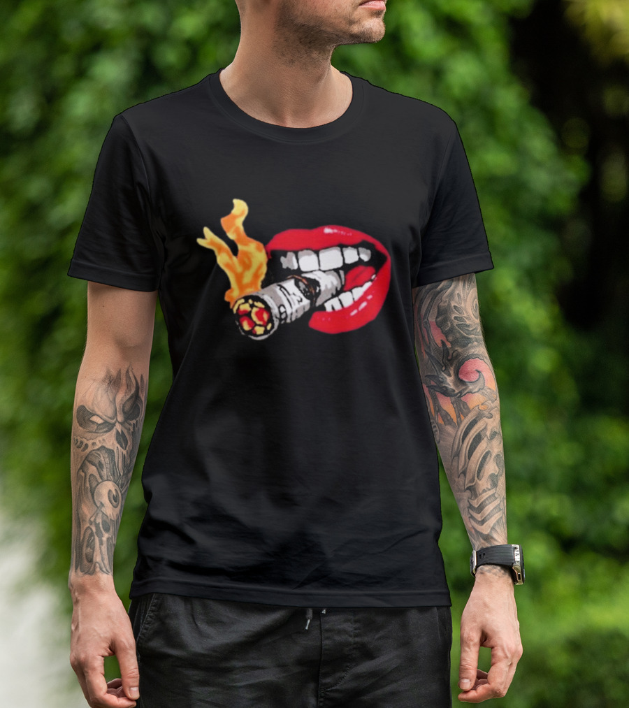 Flaming Smoking Money Lips Chenille T-Shirt