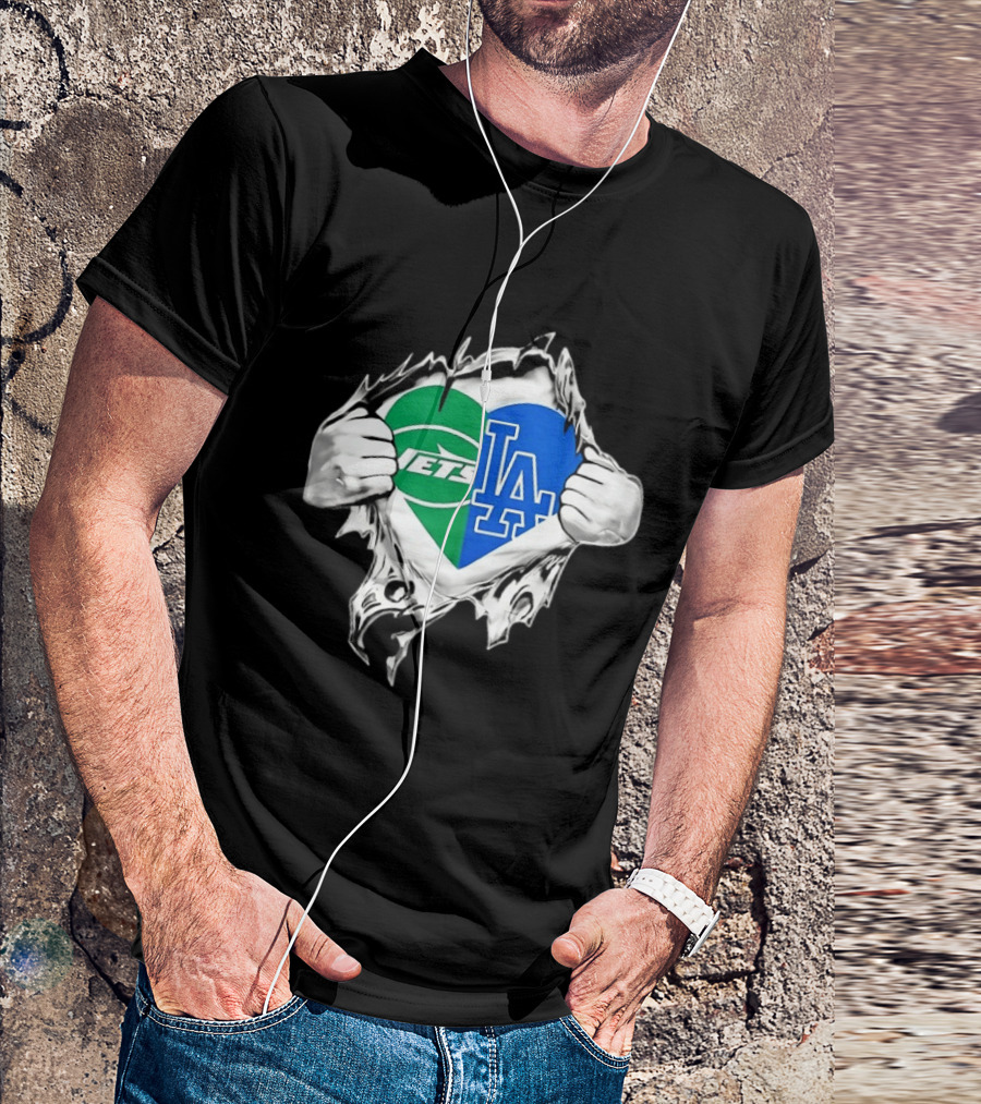 New York Jets Los Angeles Dodgers Heart Scratch T-Shirt