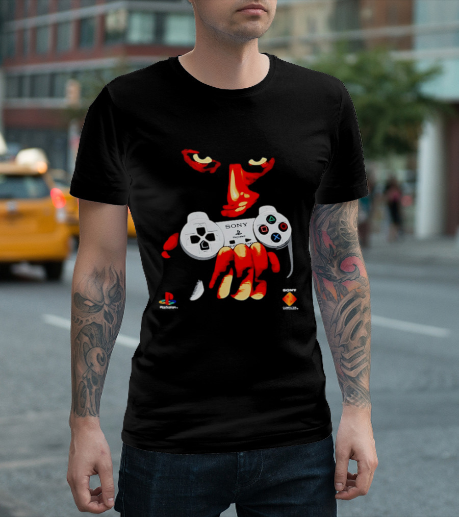 Sony PlayStation Controller 1996 Classic Design With Iconic Red Monster Hand T-Shirt