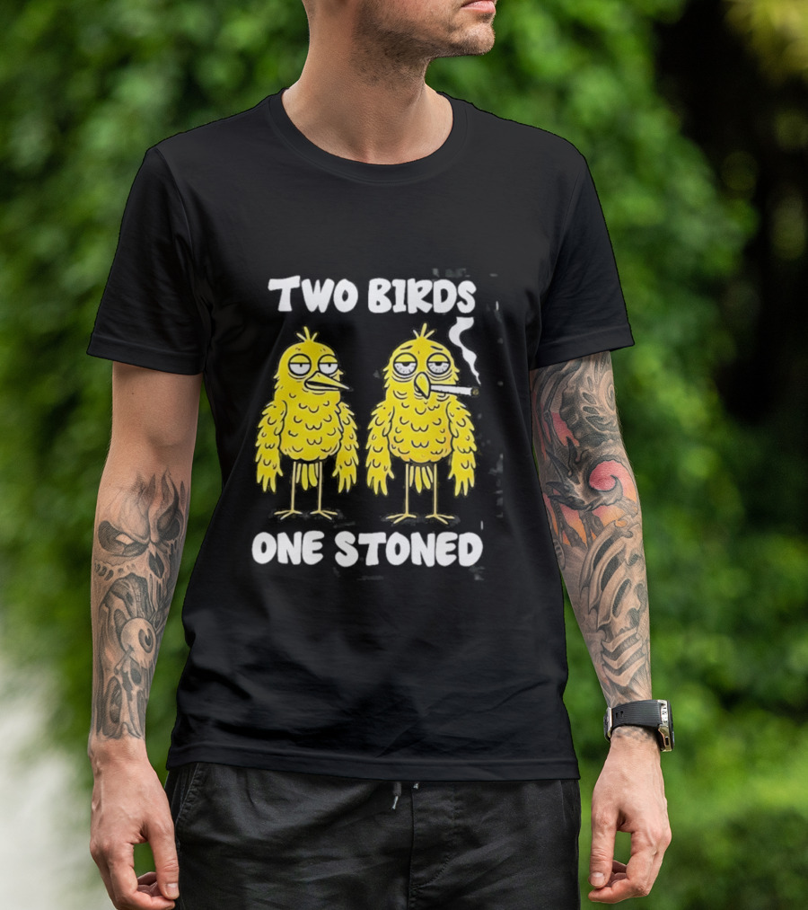 Two Birds One Stoned Smoking Cartoon Humor T-Shirt