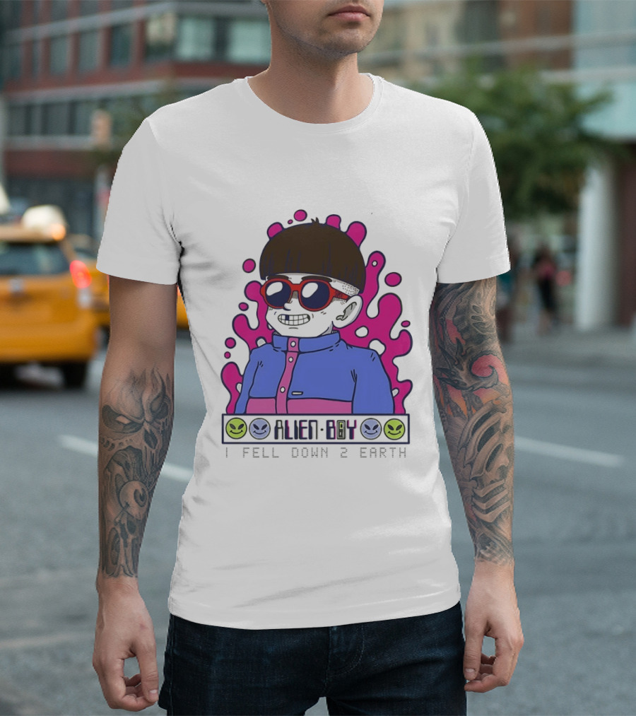 Alien Boy I Fell Down 2 Earth Cool Kid Retro Pink Smiley Vibes T-Shirt