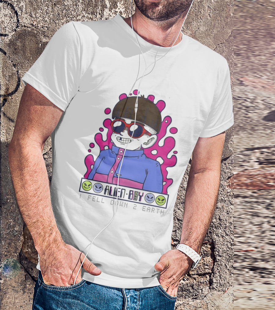 Alien Boy I Fell Down 2 Earth Cool Kid Retro Pink Smiley Vibes T-Shirt