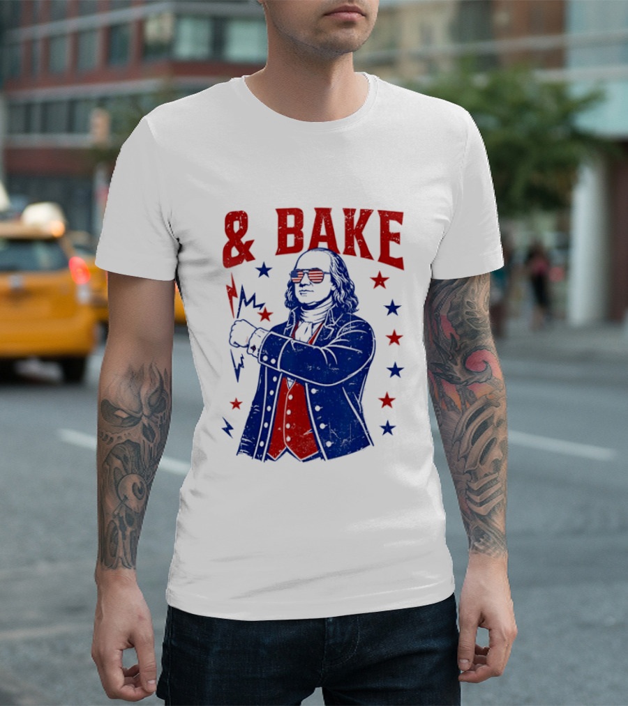 USA Benjamin Franklin Bake American Flag Sunglasses Stars T-Shirt