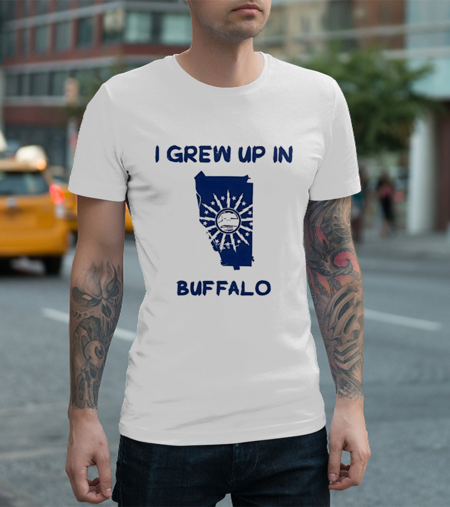 I Grew Up In Buffalo Map With Buffalo Silhouette And Sunburst T-Shirt