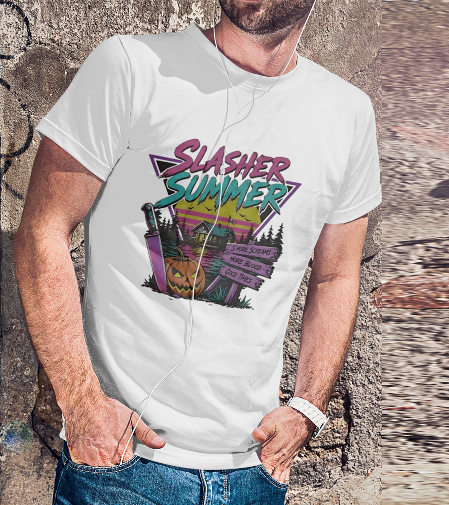 Slasher Summer S'more Screams More Blood Good Times Cabin Pumpkin Knife T-Shirt