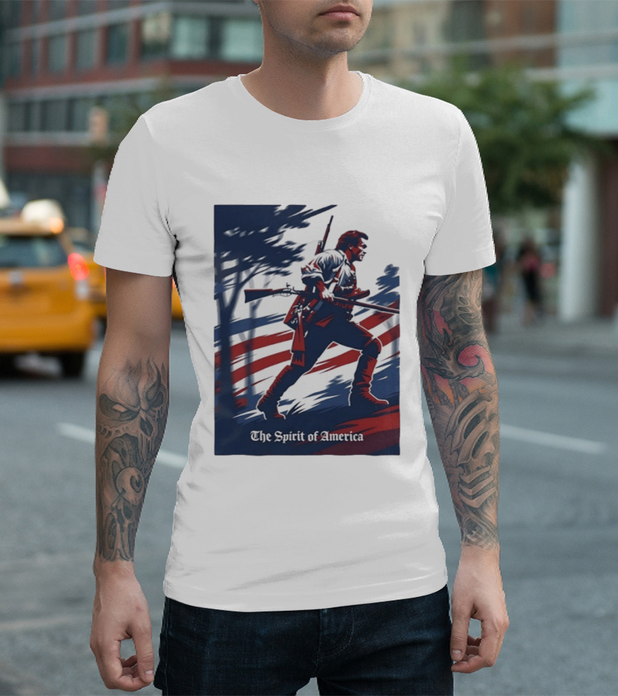 The Spirit Of America Revolutionary War Soldier With Musket And American Flag T-Shirt