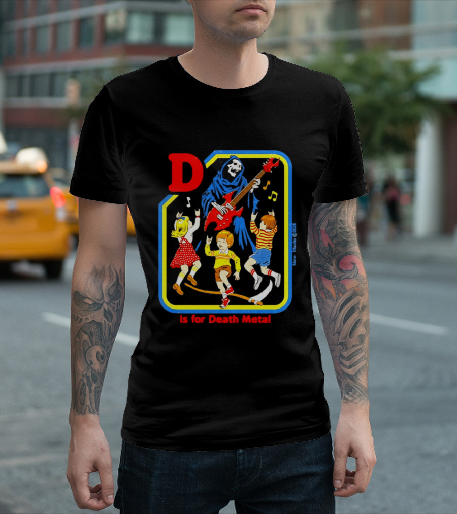 D Is For Death Metal Grim Reaper Kids Rocking Out With Electric Guitar T-Shirt