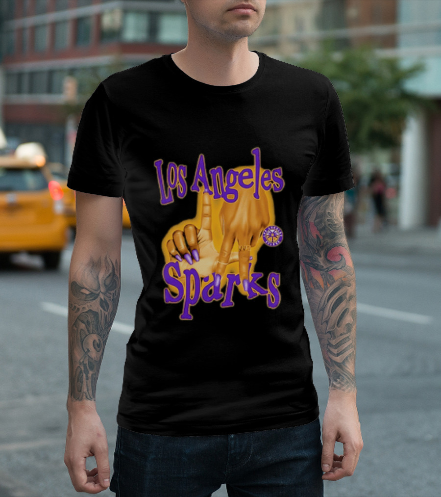 Los Angeles Sparks WNBA Finger Gesture Purple Ink Sketch T-Shirt