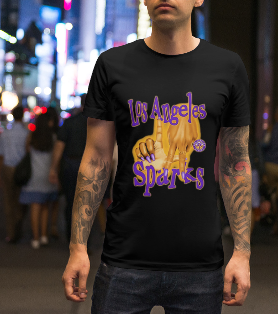 Los Angeles Sparks WNBA Finger Gesture Purple Ink Sketch T-Shirt