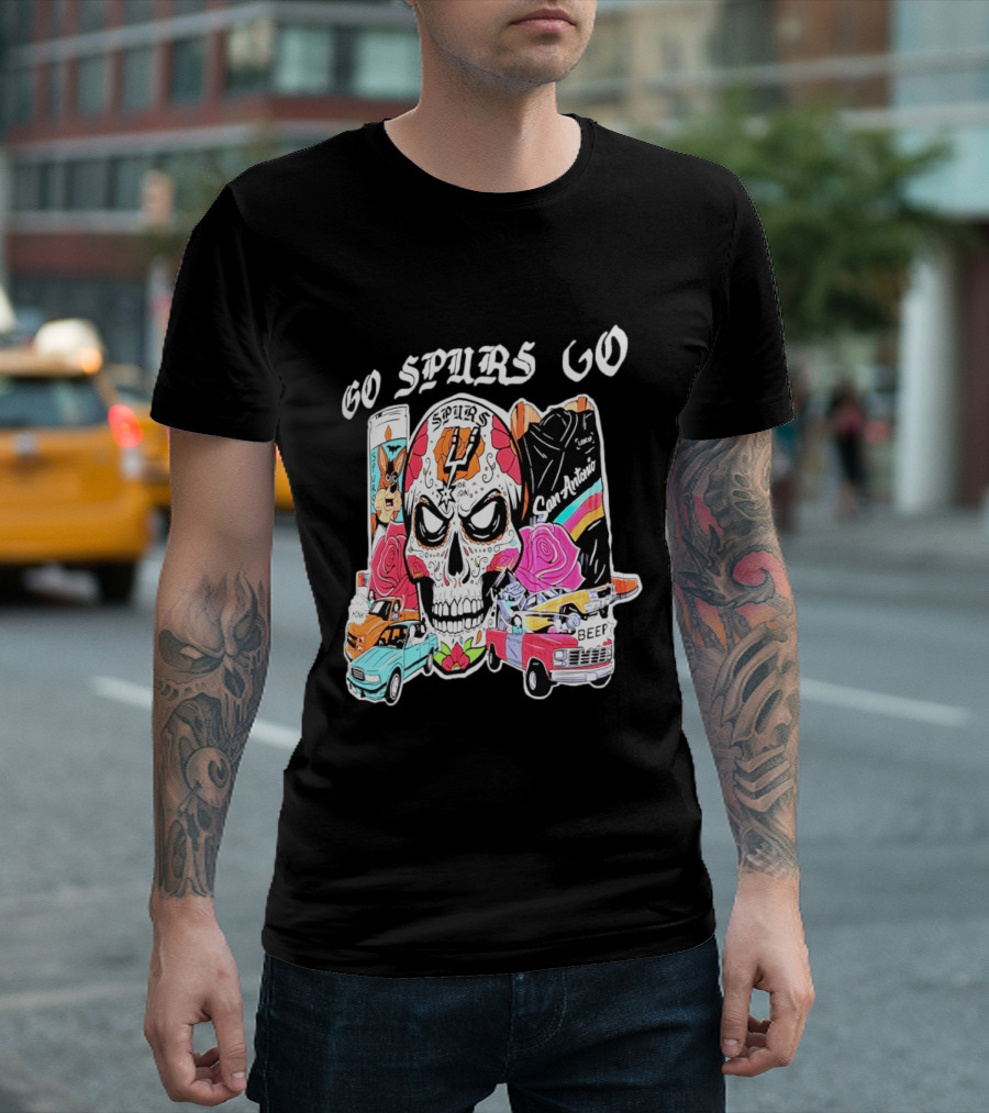 San Antonio Spurs Sugar Skull Go Spurs Go Vintage Cars Roses T-Shirt