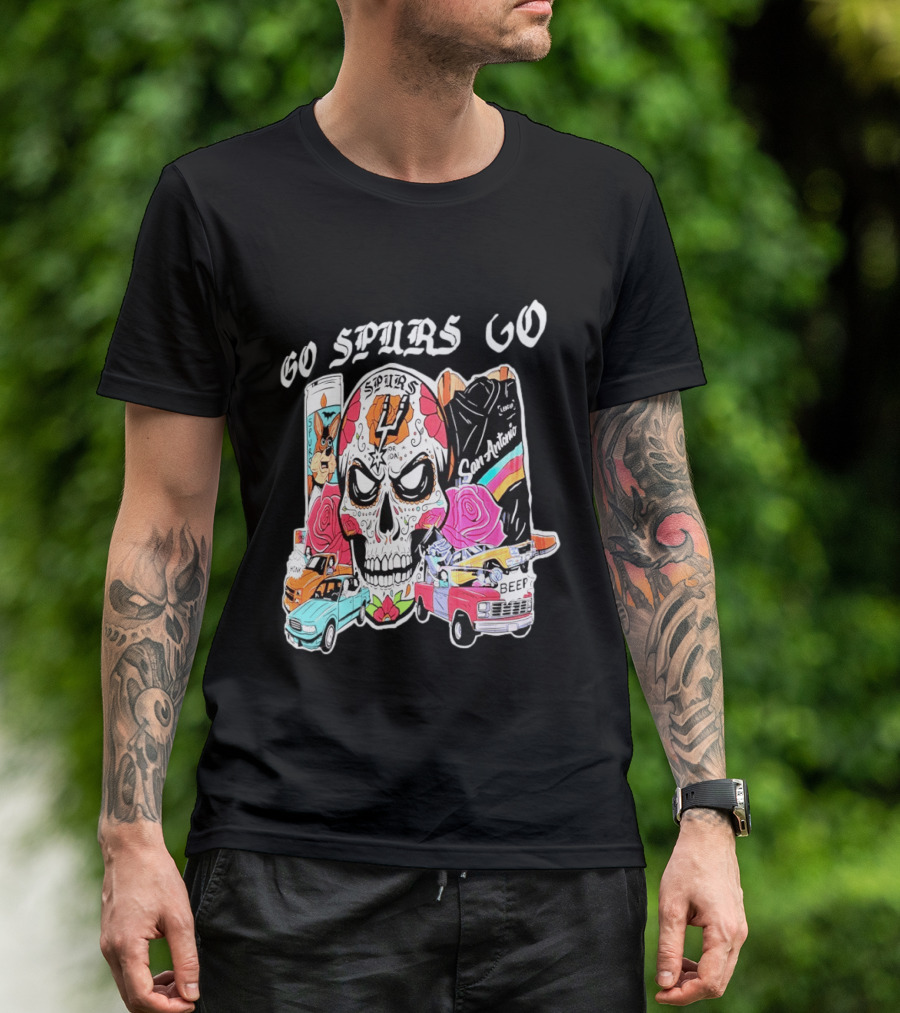 San Antonio Spurs Sugar Skull Go Spurs Go Vintage Cars Roses T-Shirt