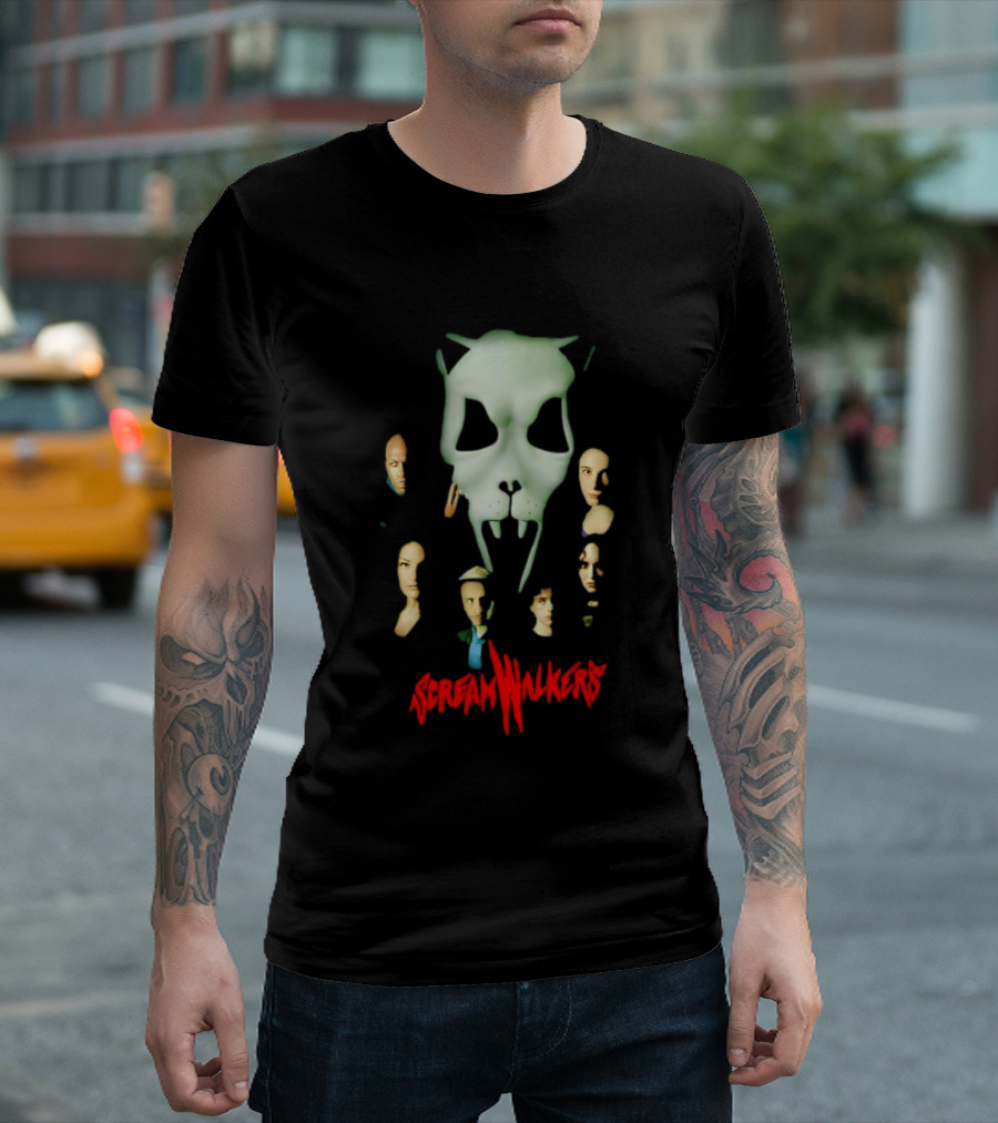 Screamwalkers Movie Cast Ensemble With Giant Mask Horror Faces T-Shirt