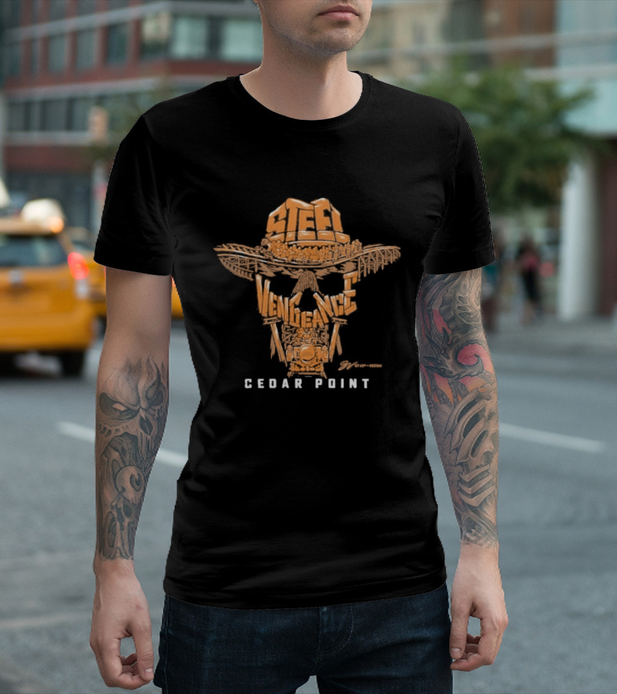 Cedar Point Steel Vengeance Orange Skull Logo & GV Wordscape T-Shirt