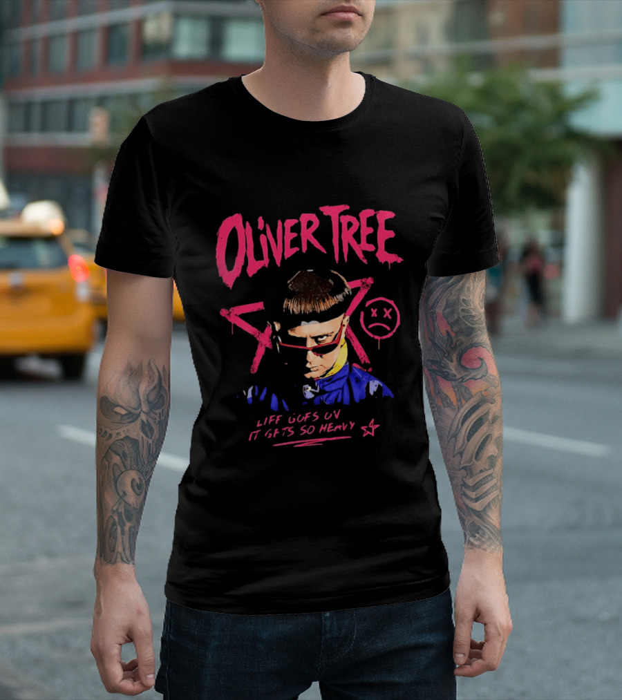 Oliver Tree Life Goes On It Gets So Heavy X Symbol Pink Text Sad Face T-Shirt