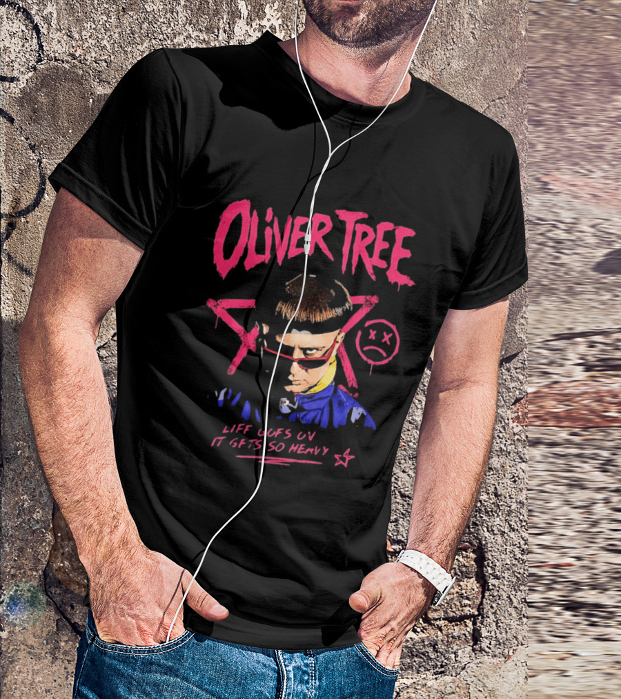 Oliver Tree Life Goes On It Gets So Heavy X Symbol Pink Text Sad Face T-Shirt