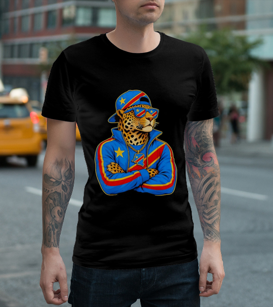 DR Congo Flag Colors Leopard In Hip Hop Style Outfit T-Shirt