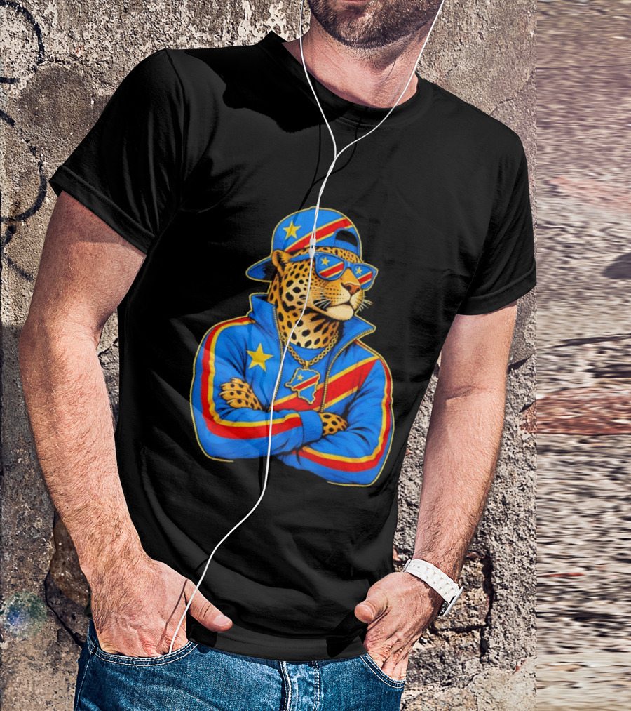 DR Congo Flag Colors Leopard In Hip Hop Style Outfit T-Shirt