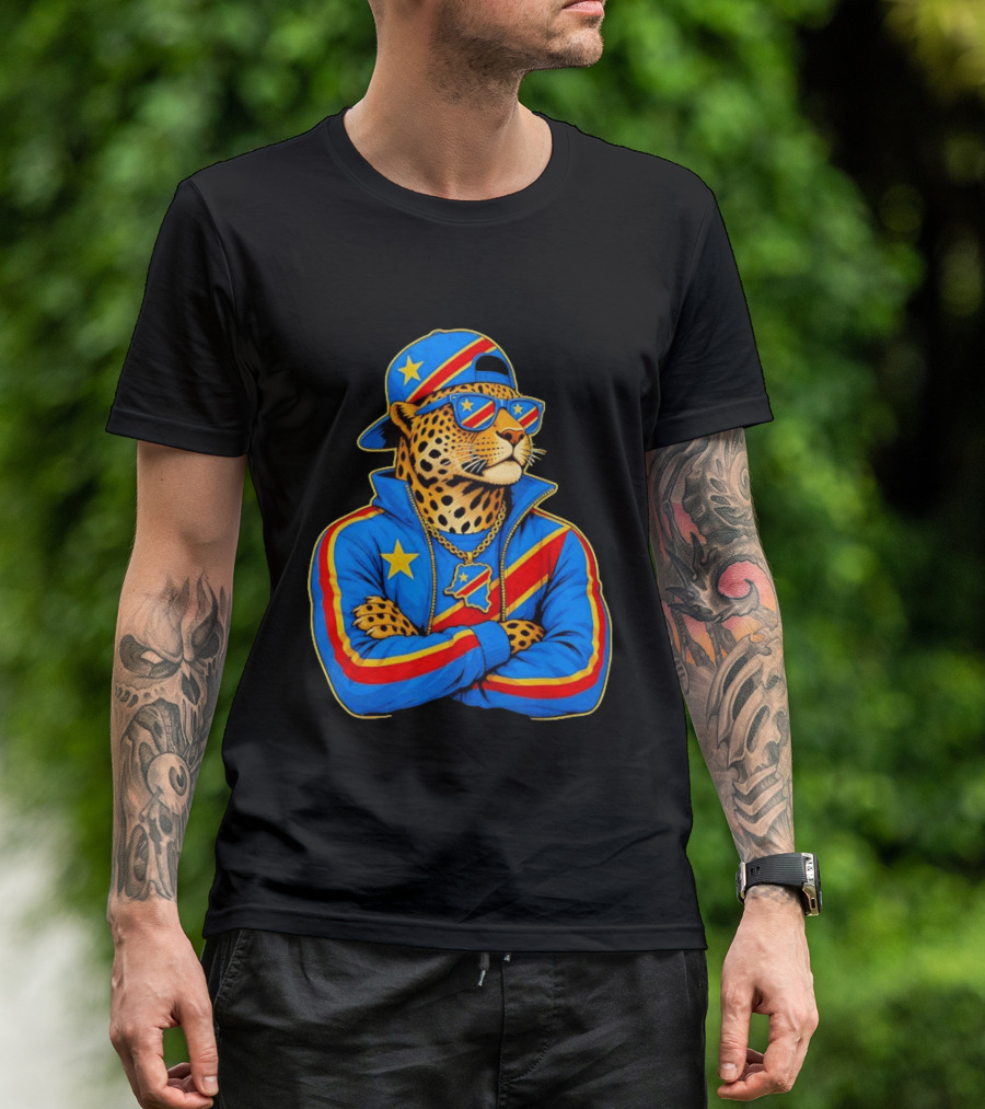 DR Congo Flag Colors Leopard In Hip Hop Style Outfit T-Shirt