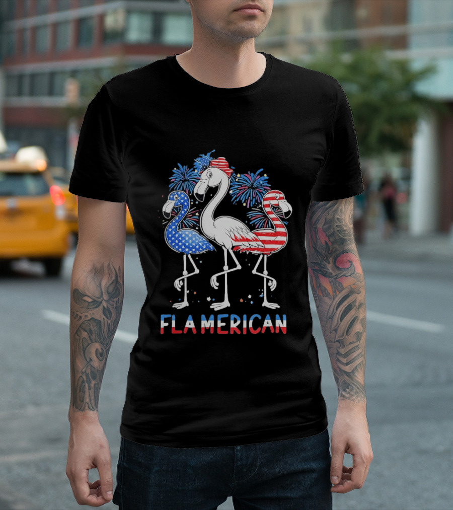 Flamerican Flamingo Fireworks Patriotic Fourth Of July T-Shirt