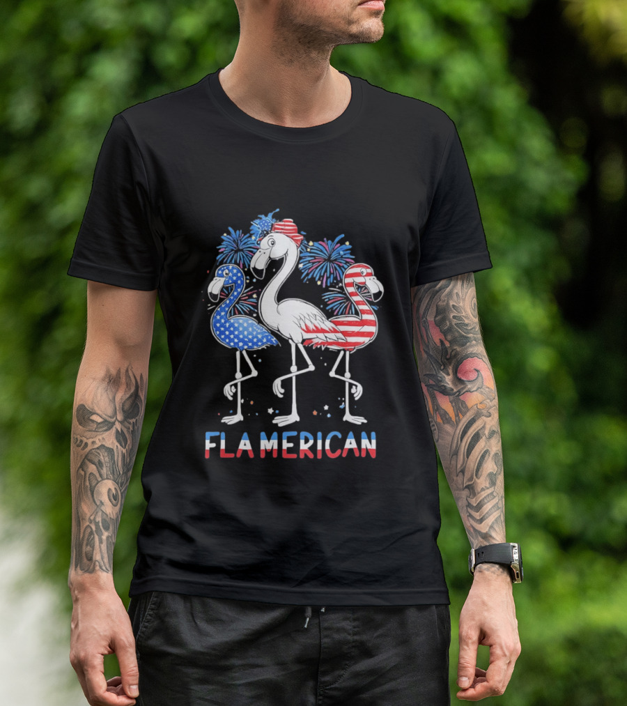 Flamerican Flamingo Fireworks Patriotic Fourth Of July T-Shirt