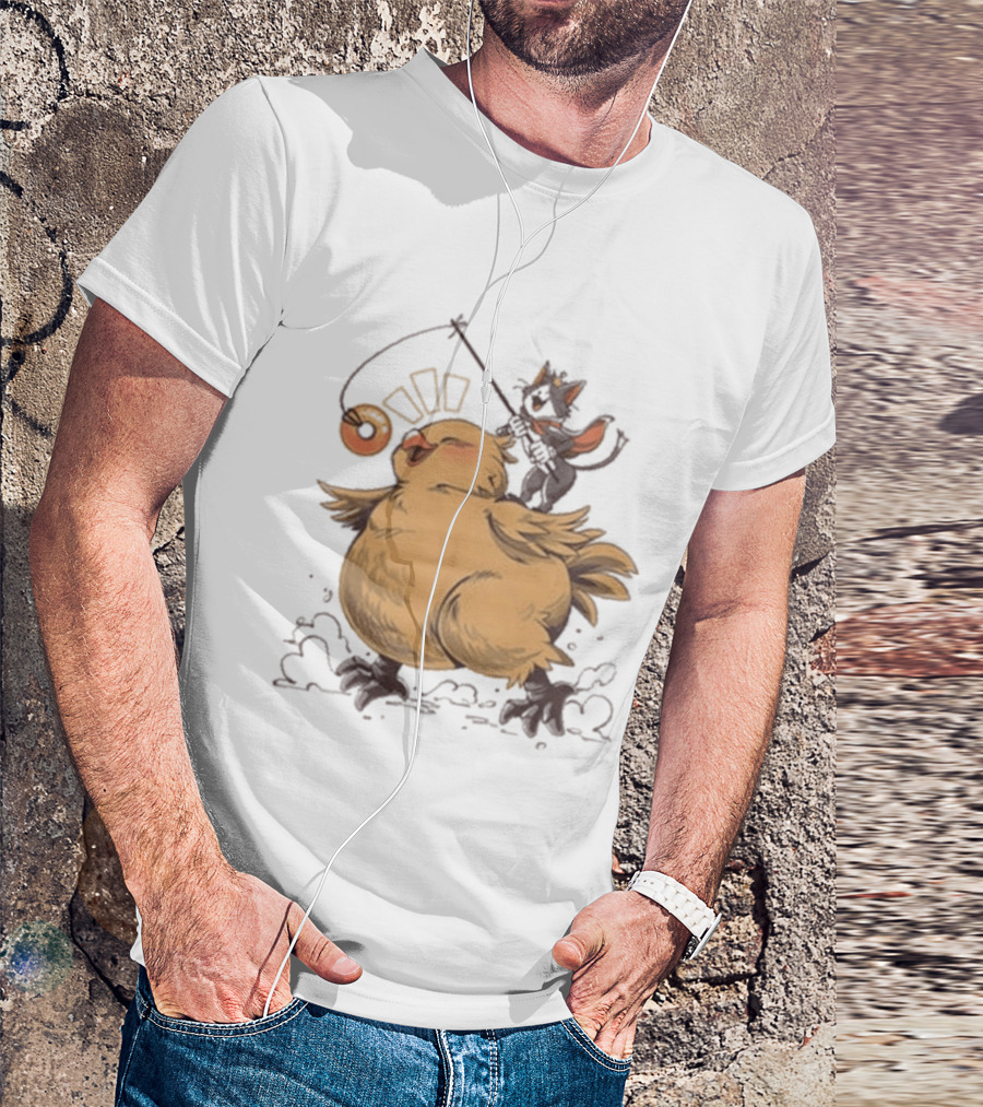Chocobo Riding Cat Wizard With Donut Lure Delight T-Shirt