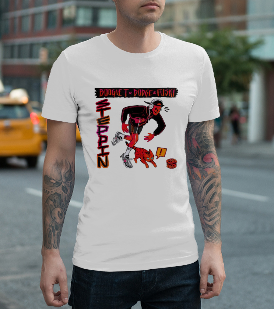Boogie X Dodge And Fuski Steppin Drama Club Cat With Headphones And Sneakers T-Shirt