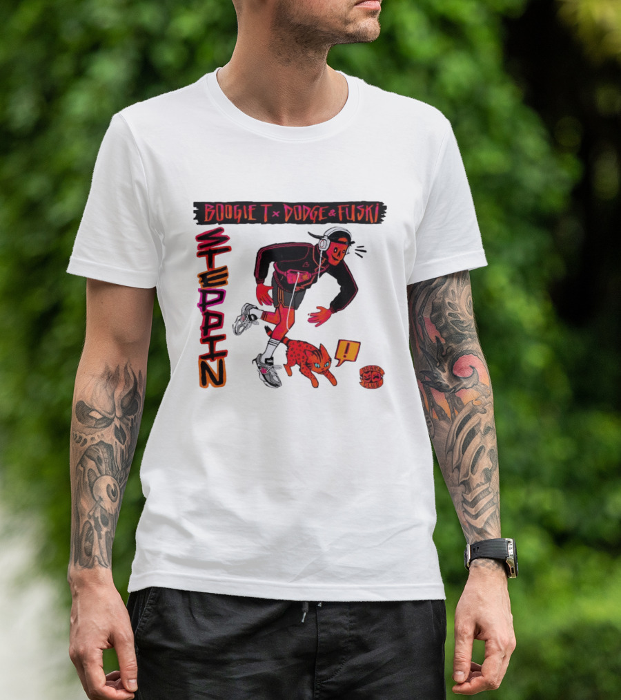 Boogie X Dodge And Fuski Steppin Drama Club Cat With Headphones And Sneakers T-Shirt