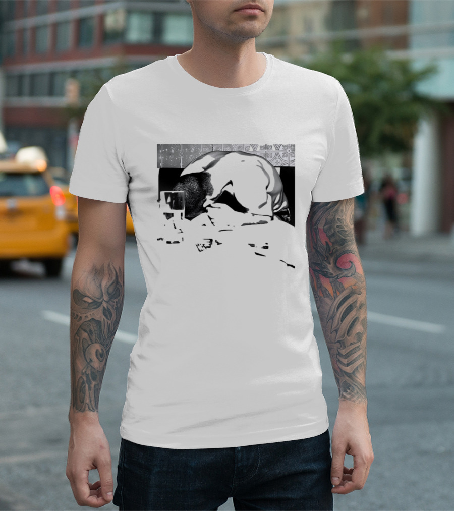 Rough Night Passed Out At Dinner Table Humor Black And White Image T-Shirt