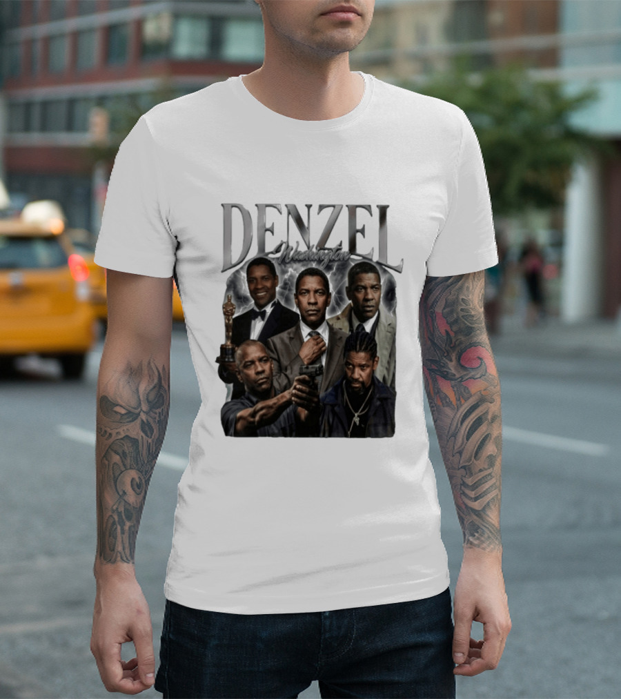 Denzel Washington Iconic Movie Roles And Oscar Moment Collage T-Shirt