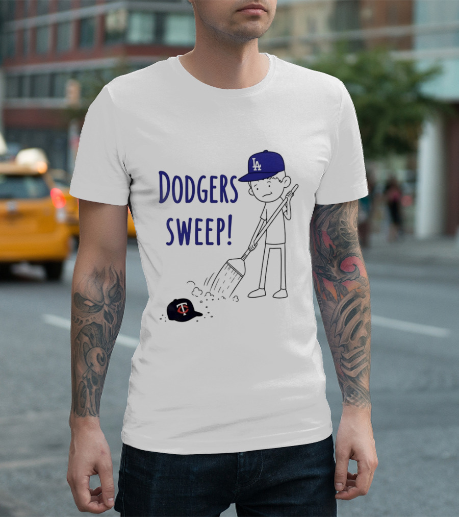 Dodgers Sweep Cartoon Figure In LA Cap Broom Action T-Shirt