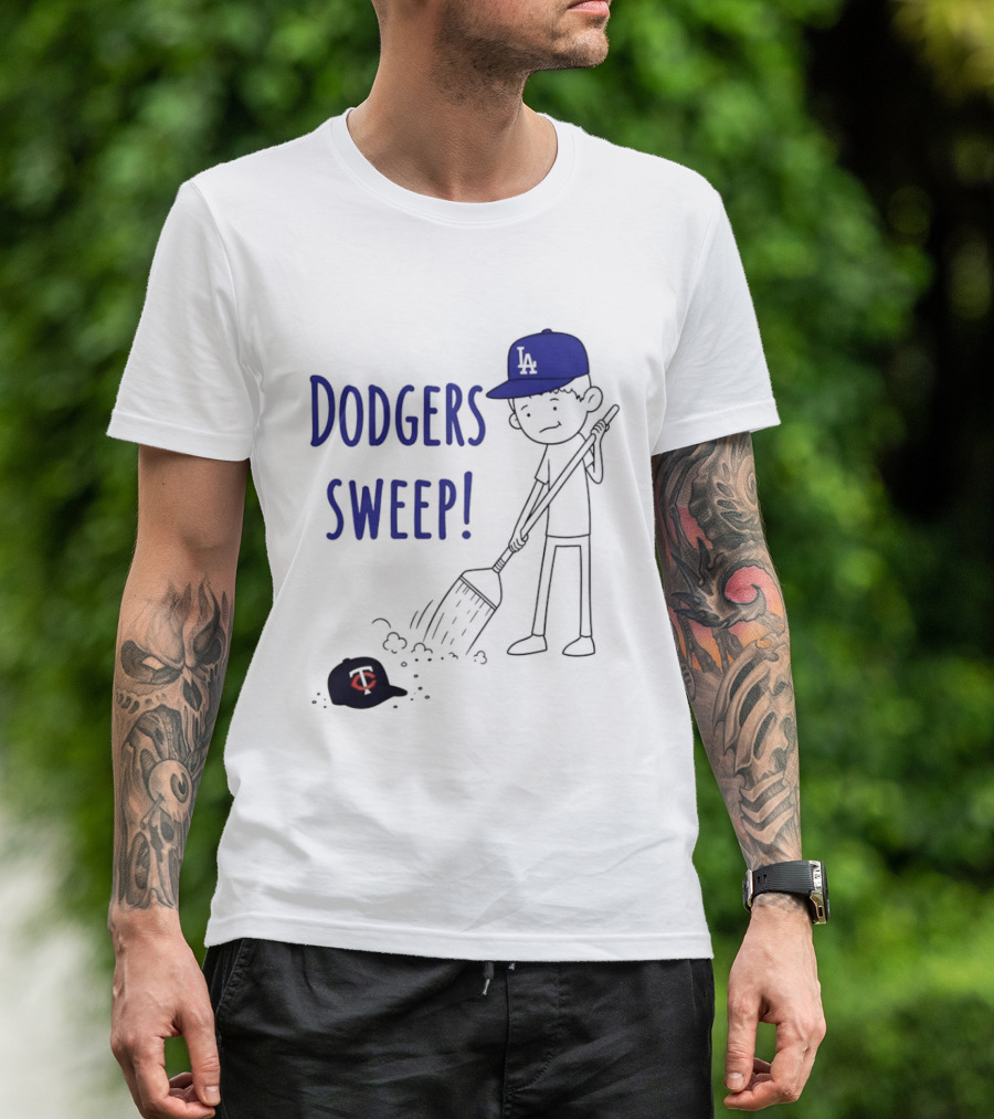 Dodgers Sweep Cartoon Figure In LA Cap Broom Action T-Shirt