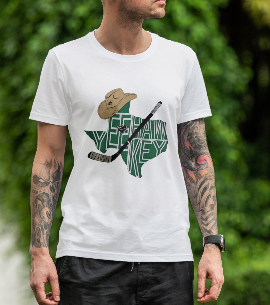 Yeehaw Key Texas Hockey Dallas Stars NHL Cowboy Hat Hockey Stick Map T-Shirt