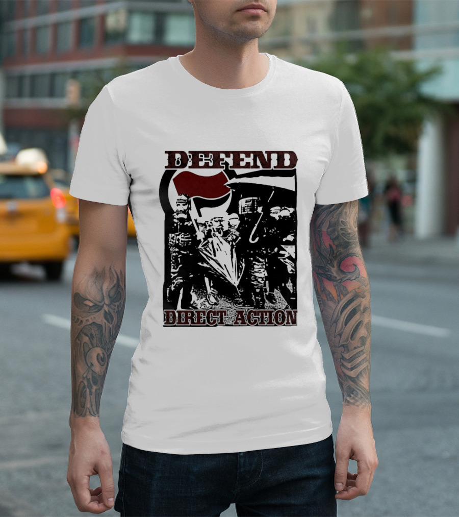 Defend Direct Action Antifa Protest Imagery With Red Flag Iconography T-Shirt