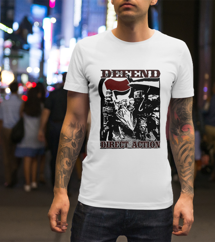 Defend Direct Action Antifa Protest Imagery With Red Flag Iconography T-Shirt