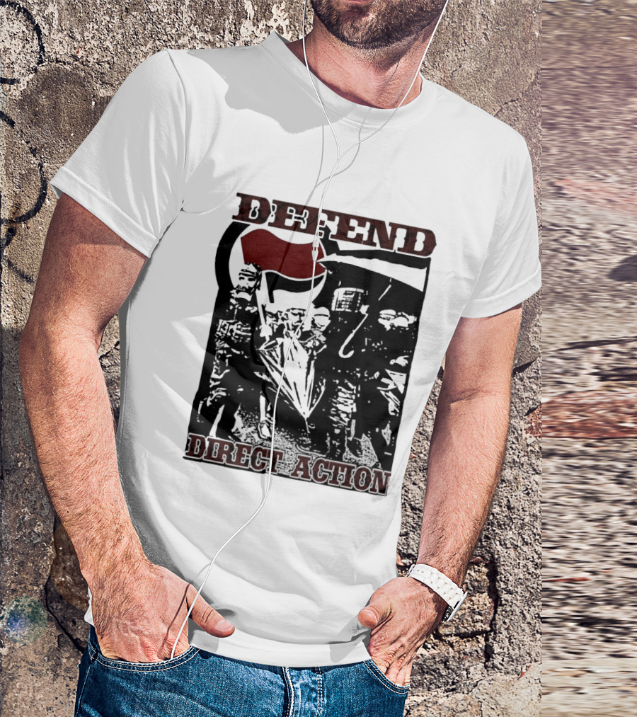 Defend Direct Action Antifa Protest Imagery With Red Flag Iconography T-Shirt