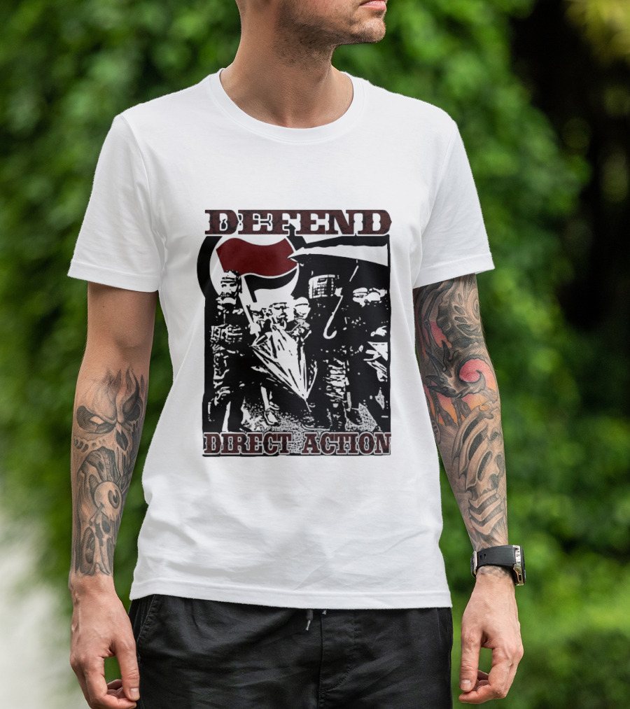 Defend Direct Action Antifa Protest Imagery With Red Flag Iconography T-Shirt