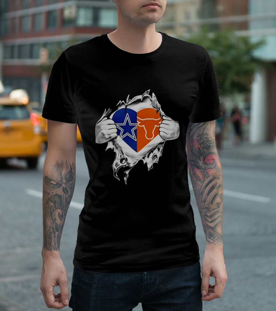 Dallas Cowboys And Texas Longhorns Heart Symbol Tearing T-Shirt