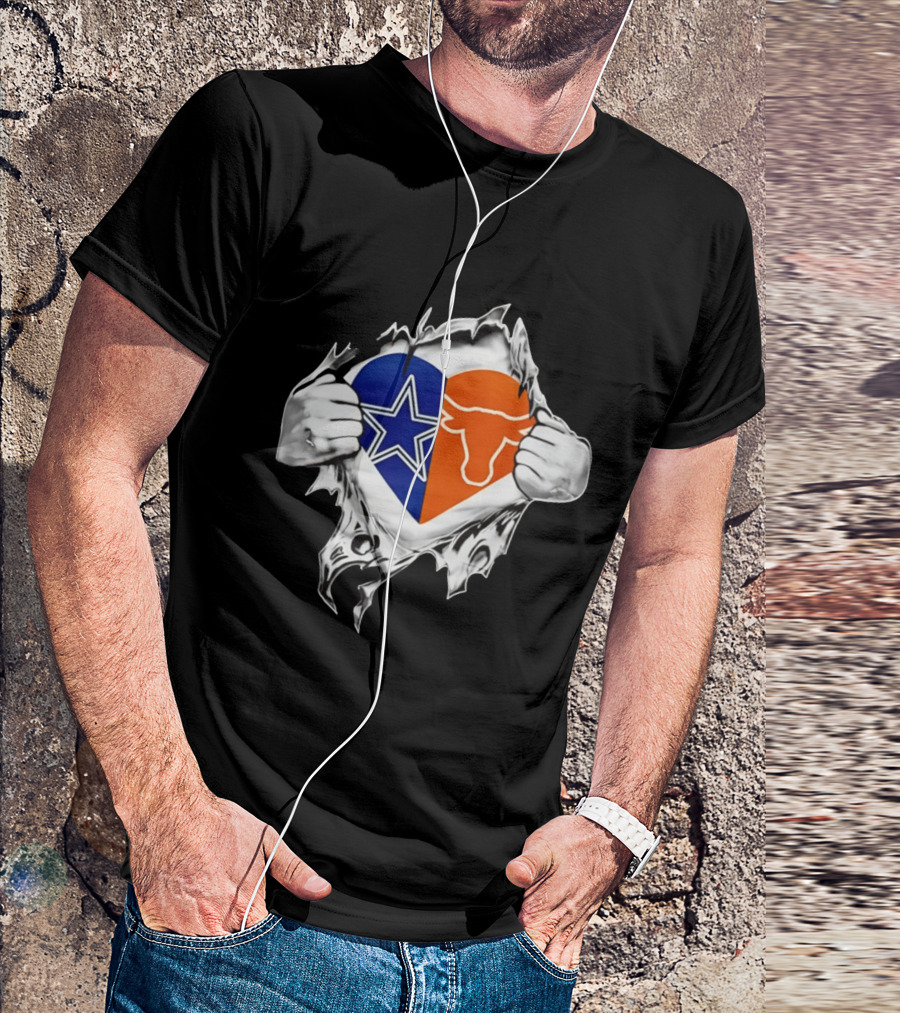 Dallas Cowboys And Texas Longhorns Heart Symbol Tearing T-Shirt