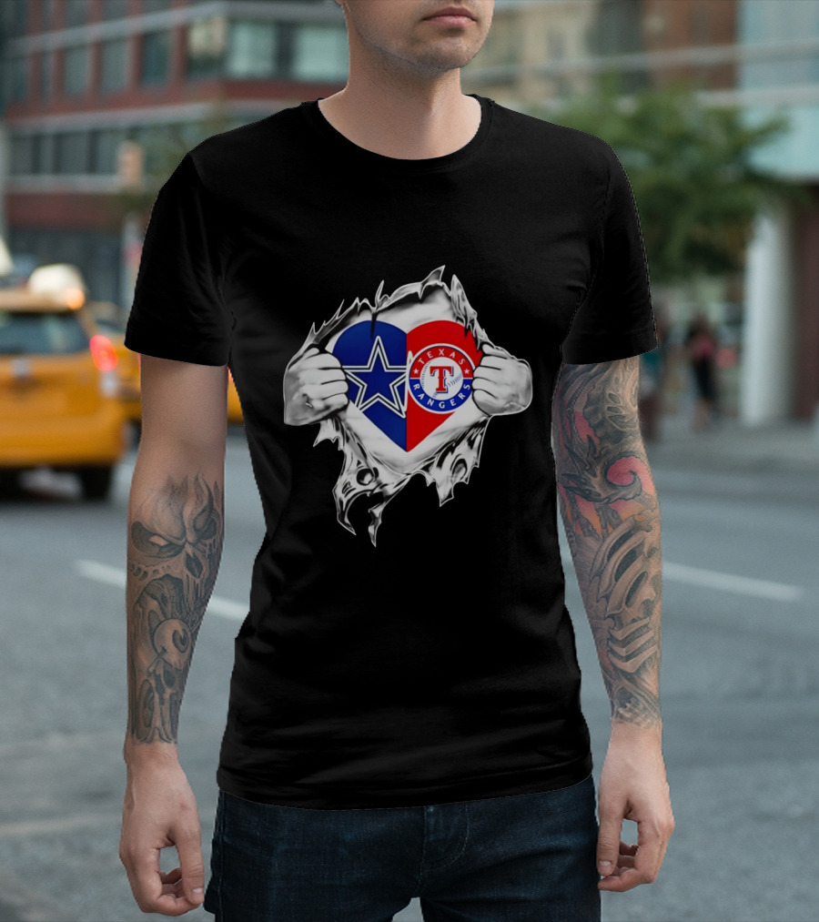 Dallas Cowboys Texas Rangers Heart Torn Open Sports T-Shirt