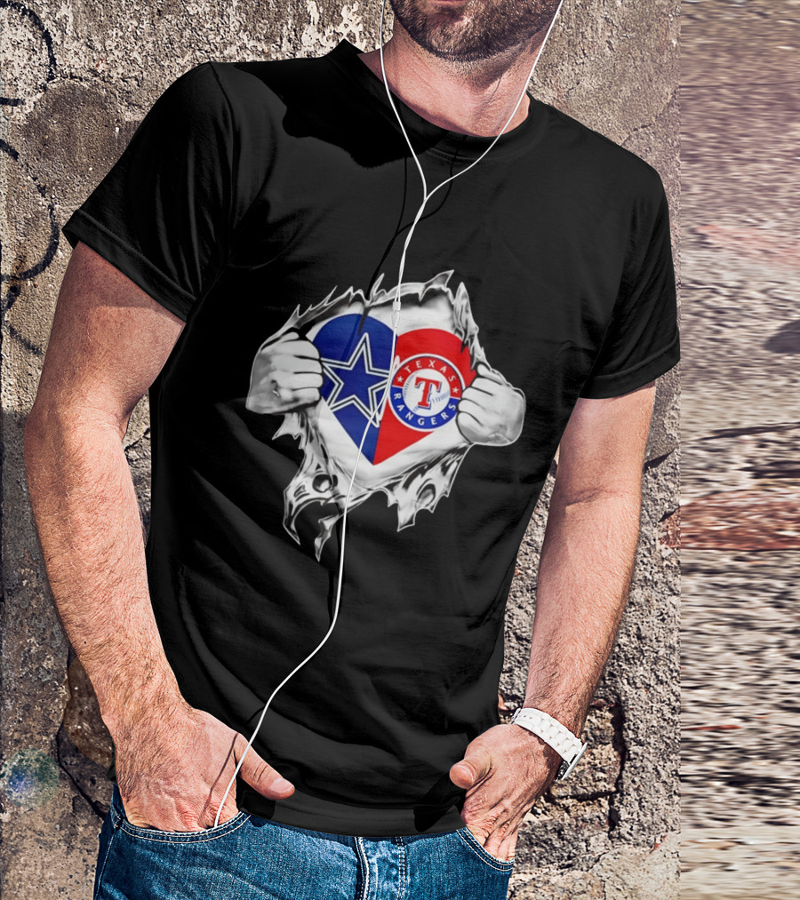 Dallas Cowboys Texas Rangers Heart Torn Open Sports T-Shirt