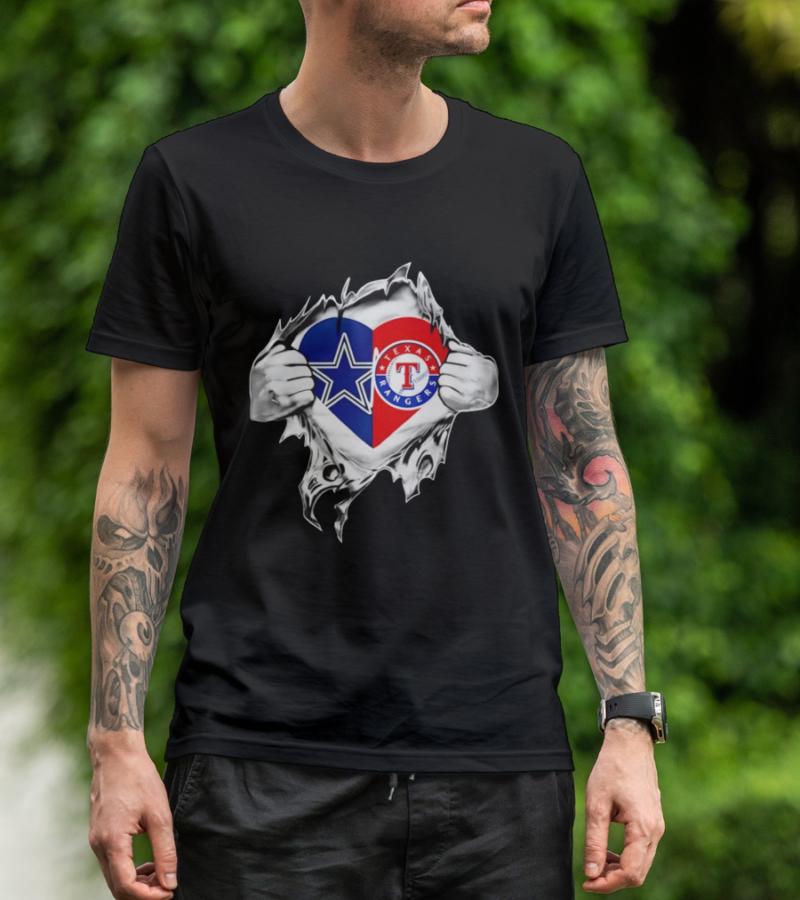 Dallas Cowboys Texas Rangers Heart Torn Open Sports T-Shirt