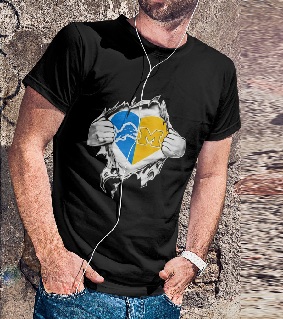 Detroit Lions Michigan Wolverines Heart Torn Reveal T-Shirt