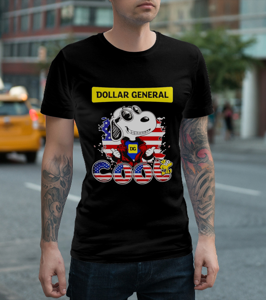 Dollar General Snoopy Cool USA Flag Cartoon T-Shirt
