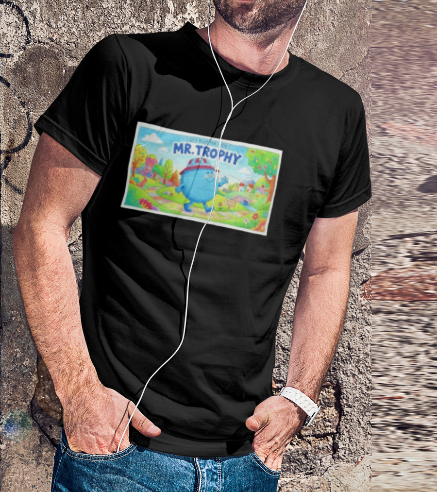 Sky Blue Mr. Men Mr. Trophy Character In Colorful Landscape Scene T-Shirt